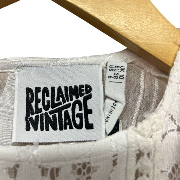 Reclaimed Vintage White Long Sleeve A-line Dress Size 6 Lace Ruffle Open Back - Picture 8 of 9